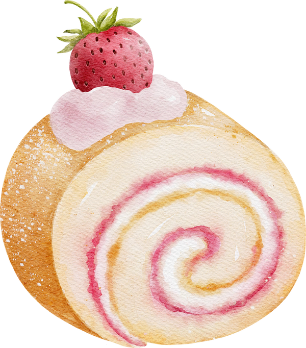 Watercolor strawberry swiss roll cake.